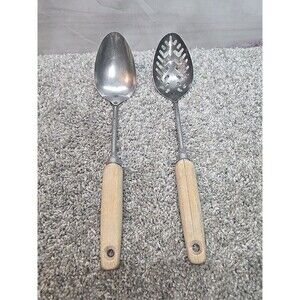 VINTAGE Ekco Eterna Stainless Steel Wooden Handle Slotted Straining Spoon Set